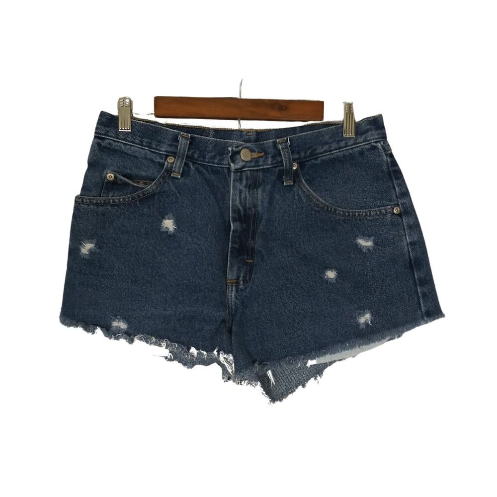 Vintage Wrangler Distressed Dark Wash Mom Cut Off Raw Hem Hi Rise Jean Shorts 28